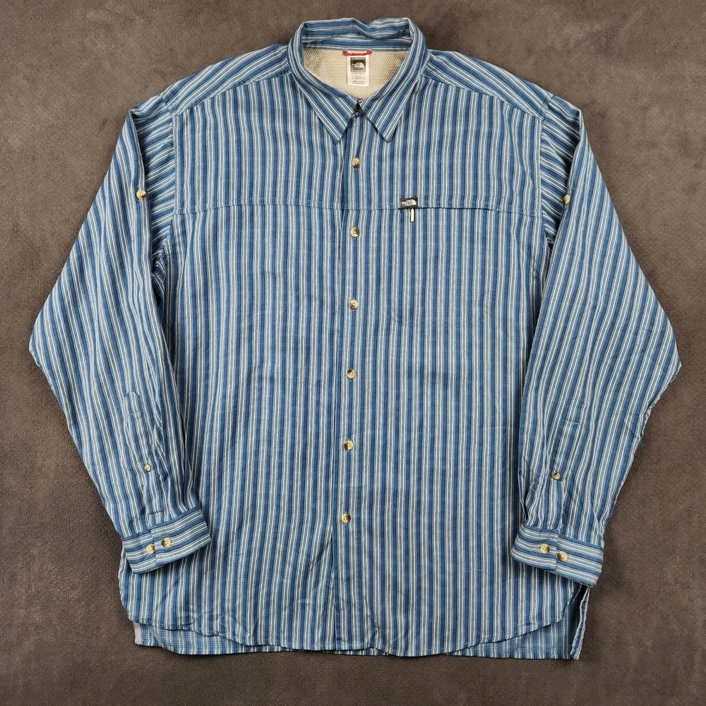 The North Face Shirt Mens XL Blue Striped Roll Tab Sleeve Button Up Modal Hiking